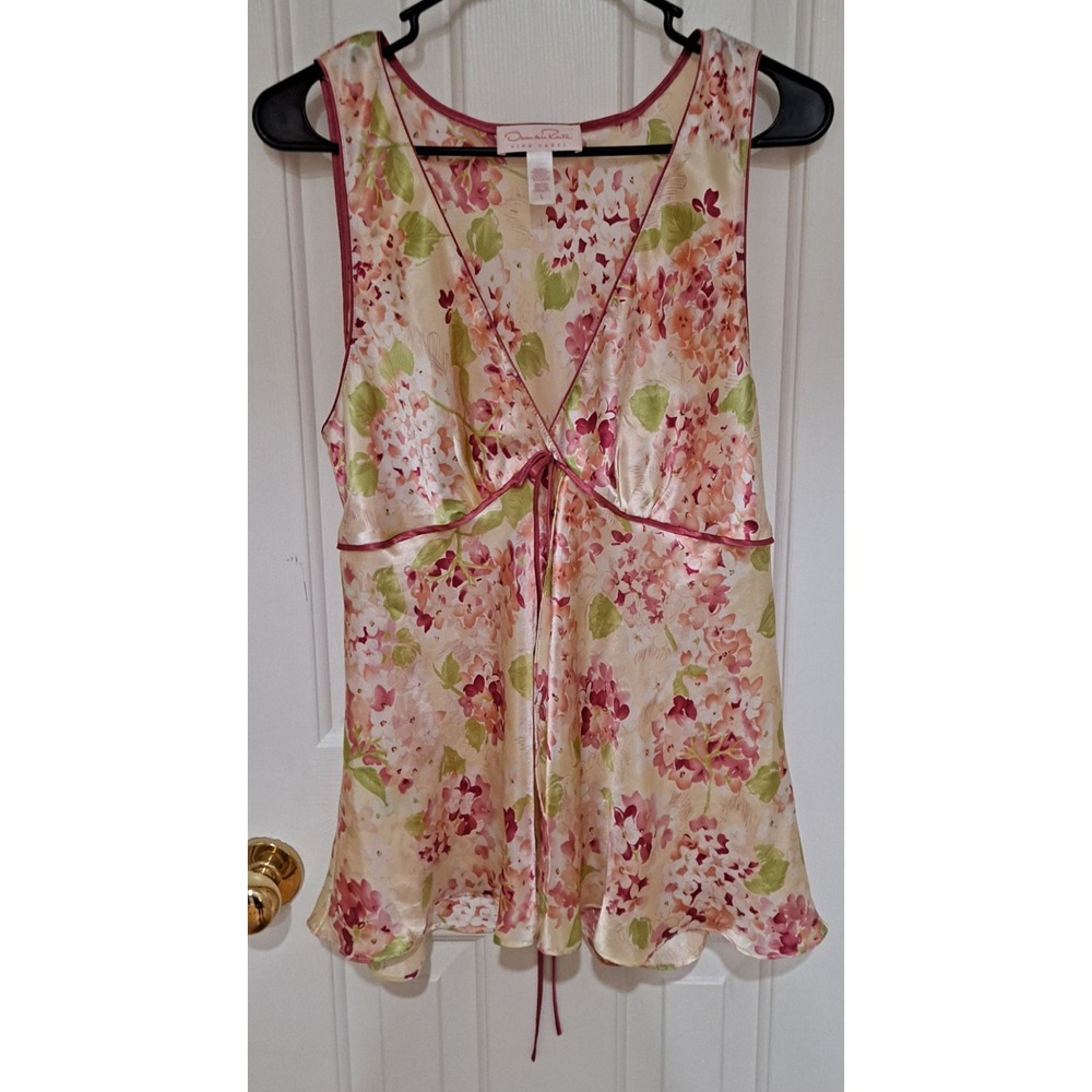 Oscar de la Renta Cherry Blossom Satin Pajama Set Sleepwear Floral Pink Green L - Picture 2 of 6